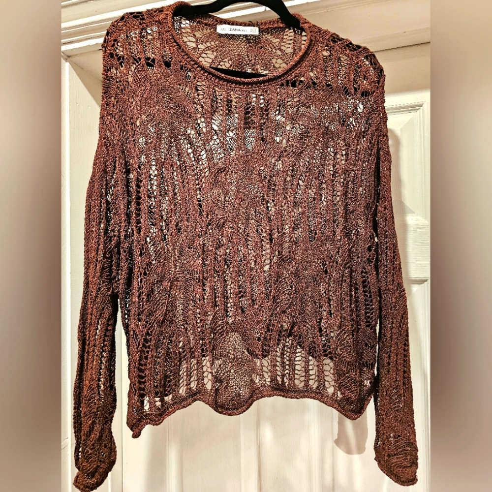 NWT Zara Brown Boho Crochet Sweater Size Medium